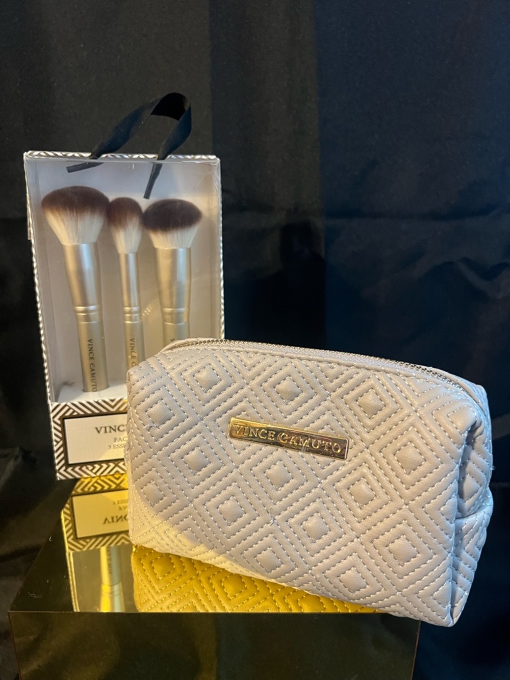 Vince Camuto Quilted Cosmetic Bag in Light Beige and Brush Set - Picture 1 of 11